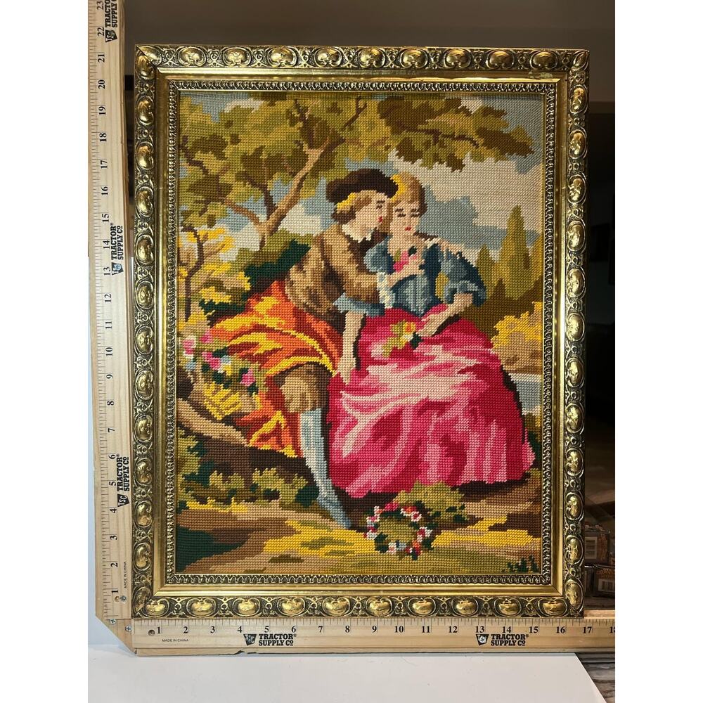 Vintage Needlepoint Tapestry Lovers Scene in Ornate Gold Frame Wall Artxzsa
